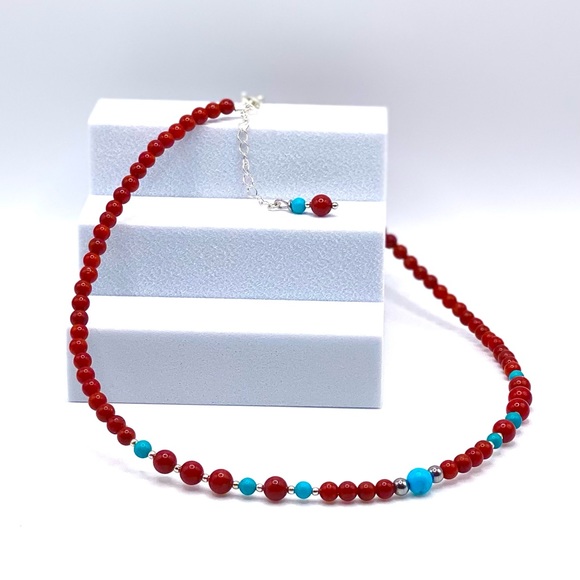 Red Coral & Turquoise Choker Necklace - Picture 3 of 10